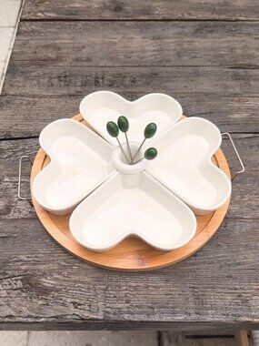 Heart Bamboo Divided Serving Tray Platter Snack Dish Appetizer Plates Food Picks